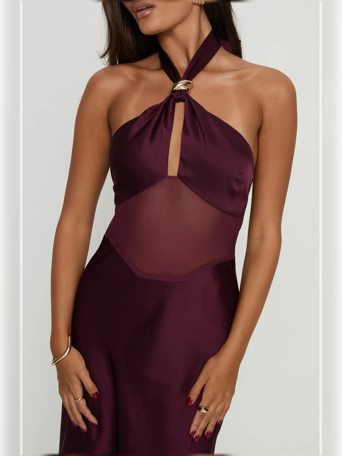 Plum bodycon floor-length formal dress with tiered skirt, alternate view