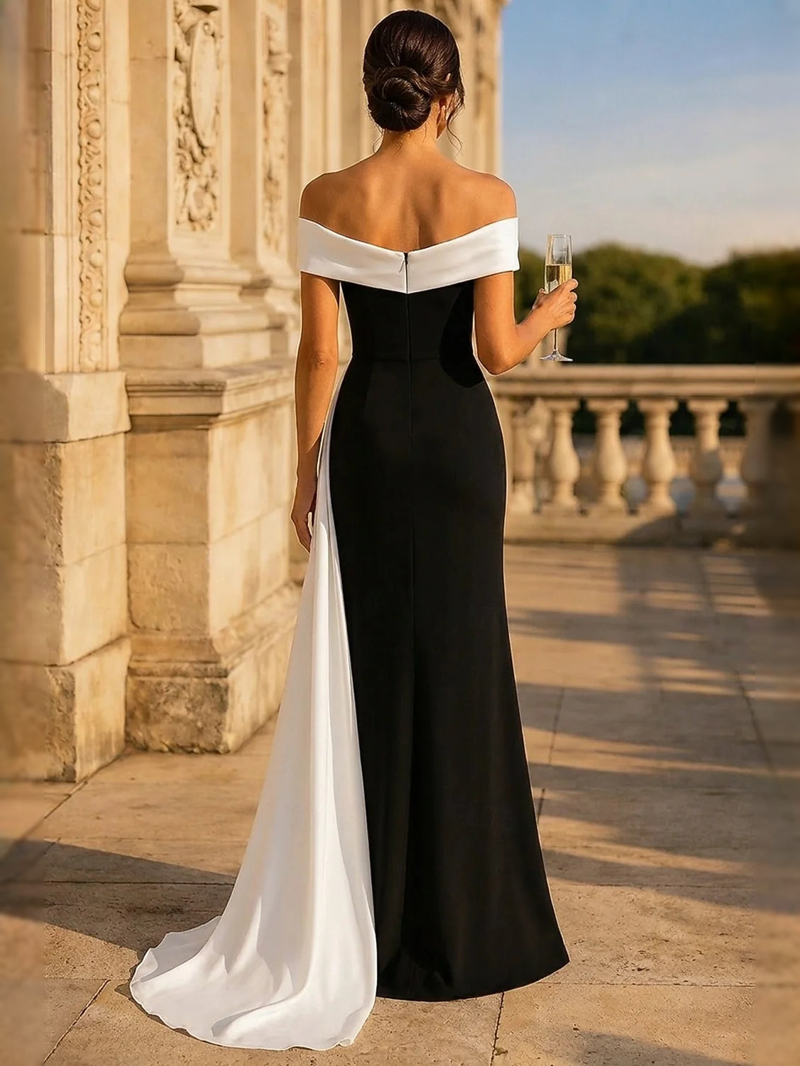 White maxi prom dress, alternate view showing the skirt and hem