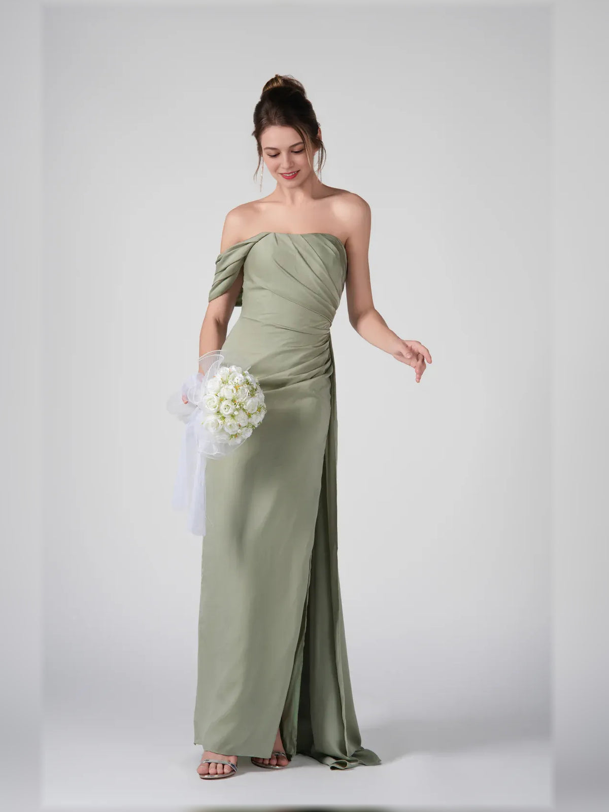 Dusty Sage mermaid maxi formal dress with skirt slit, alternate view showing the skirt