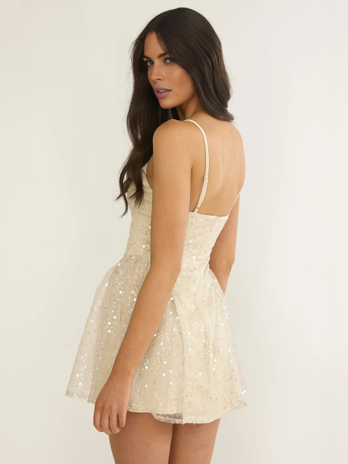 Ice Blue mini homecoming dress, alternate view showing the skirt and hem