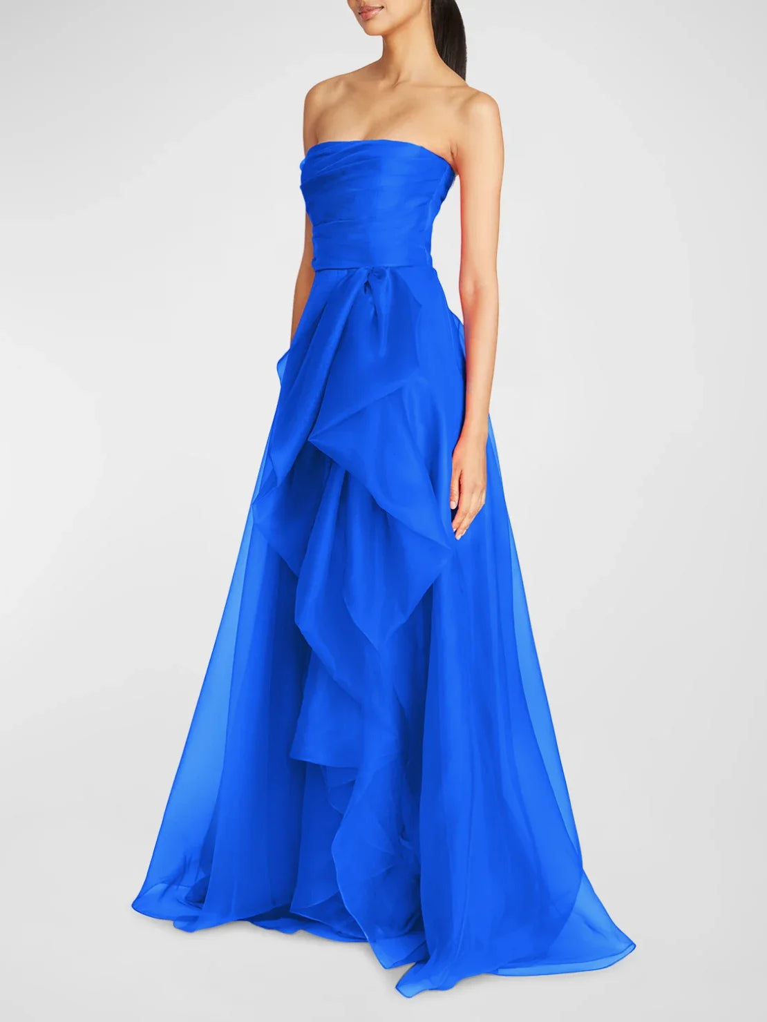 Fuchsia a-line floor-length formal dress with ruffle details, alternate view showing the skirt