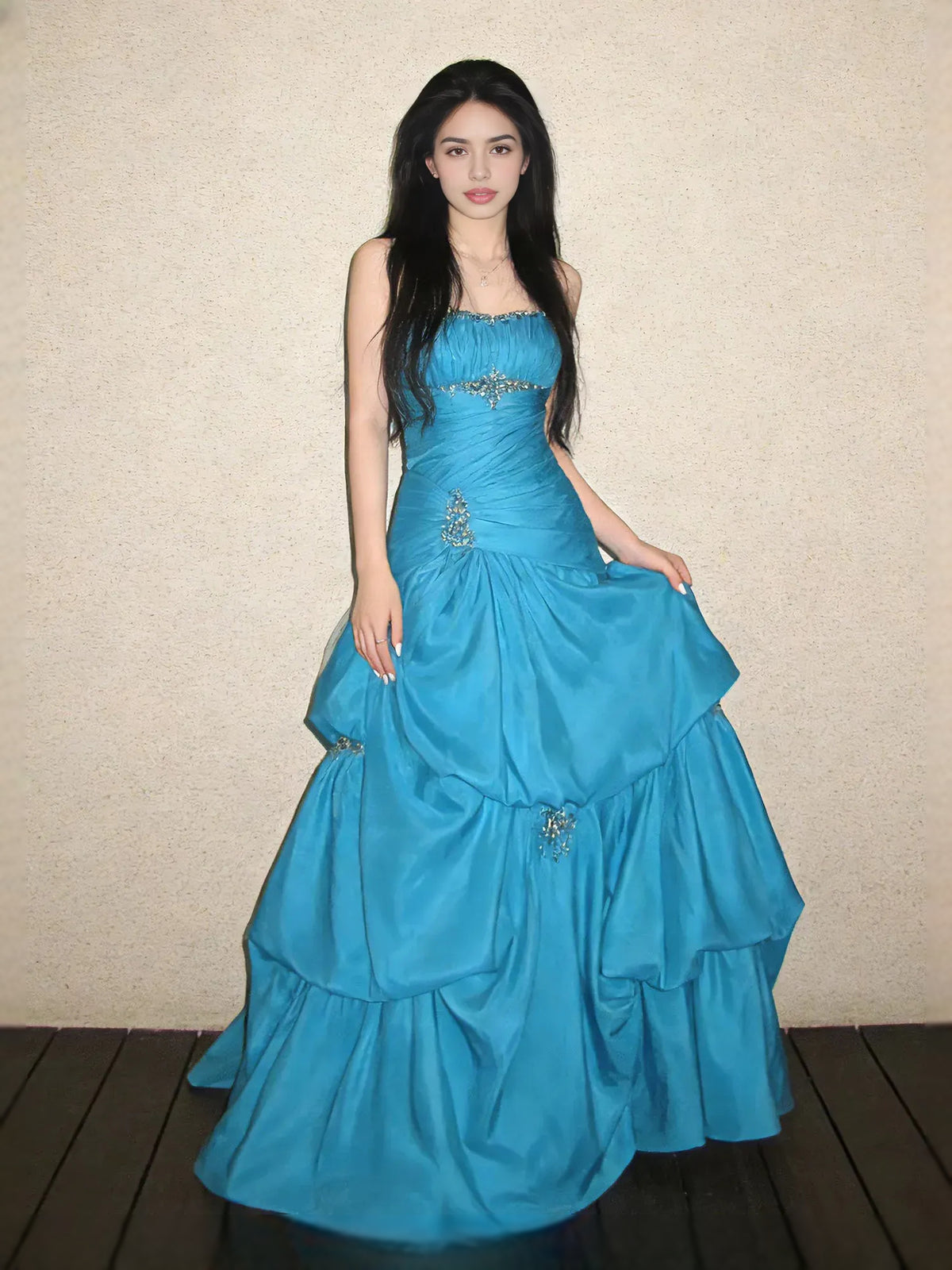 Caribbean maxi prom dress, alternate view showing the skirt and hem
