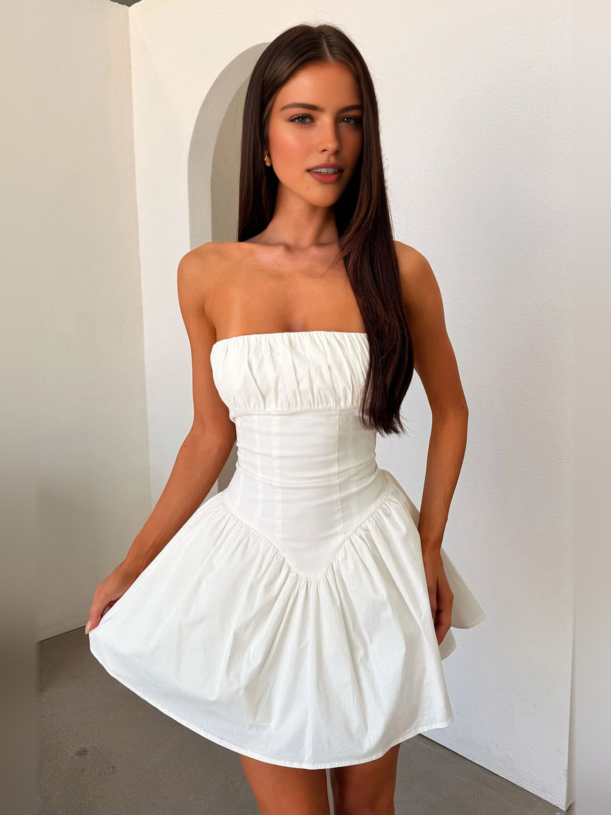 Ivory white mini homecoming dress, alternate view showing the skirt and hem