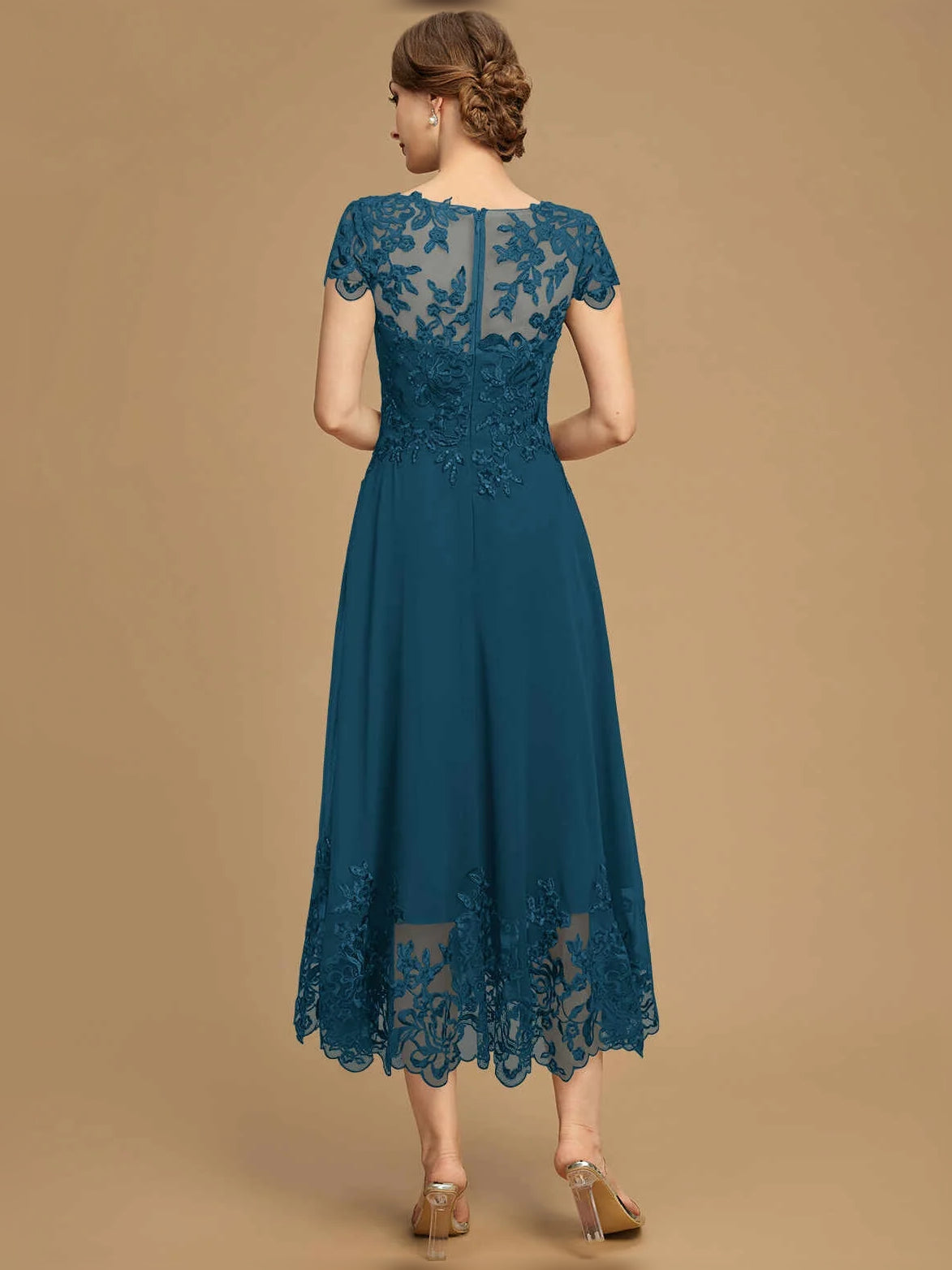 Dark Navy tea-length mother of the bride dress, alternate view showing the skirt and hem