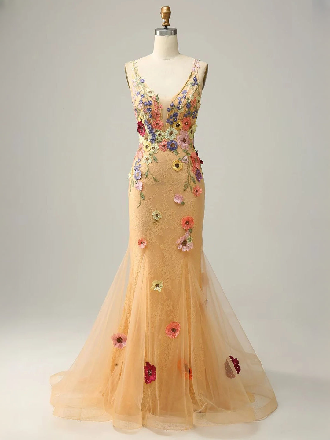 Orange floor-length prom dress, alternate view showing the skirt and hem