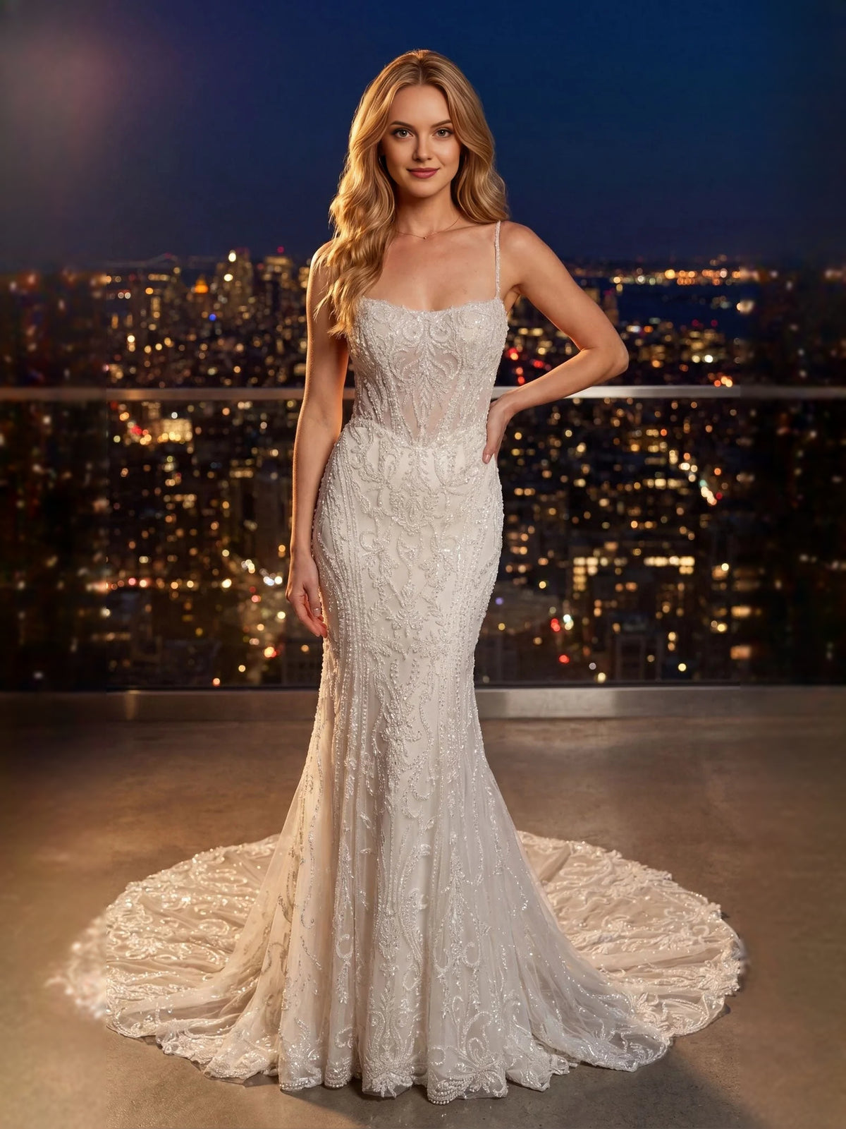 Ivory floor-length wedding dress, alternate view showing the skirt and hem