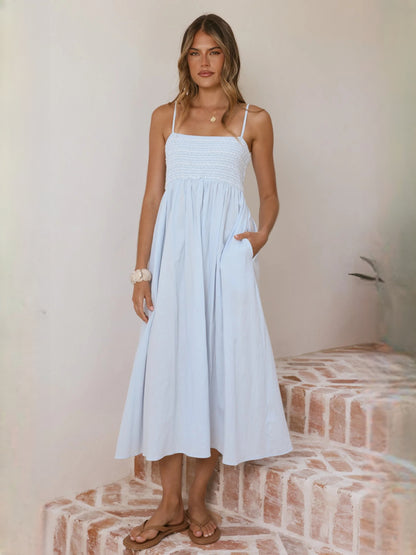 Blue midi formal dress, alternate view showing the skirt