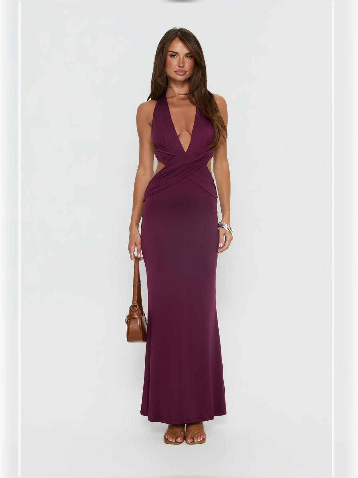 Purple mermaid floor-length formal dress with ruching, alternate view showing the skirt