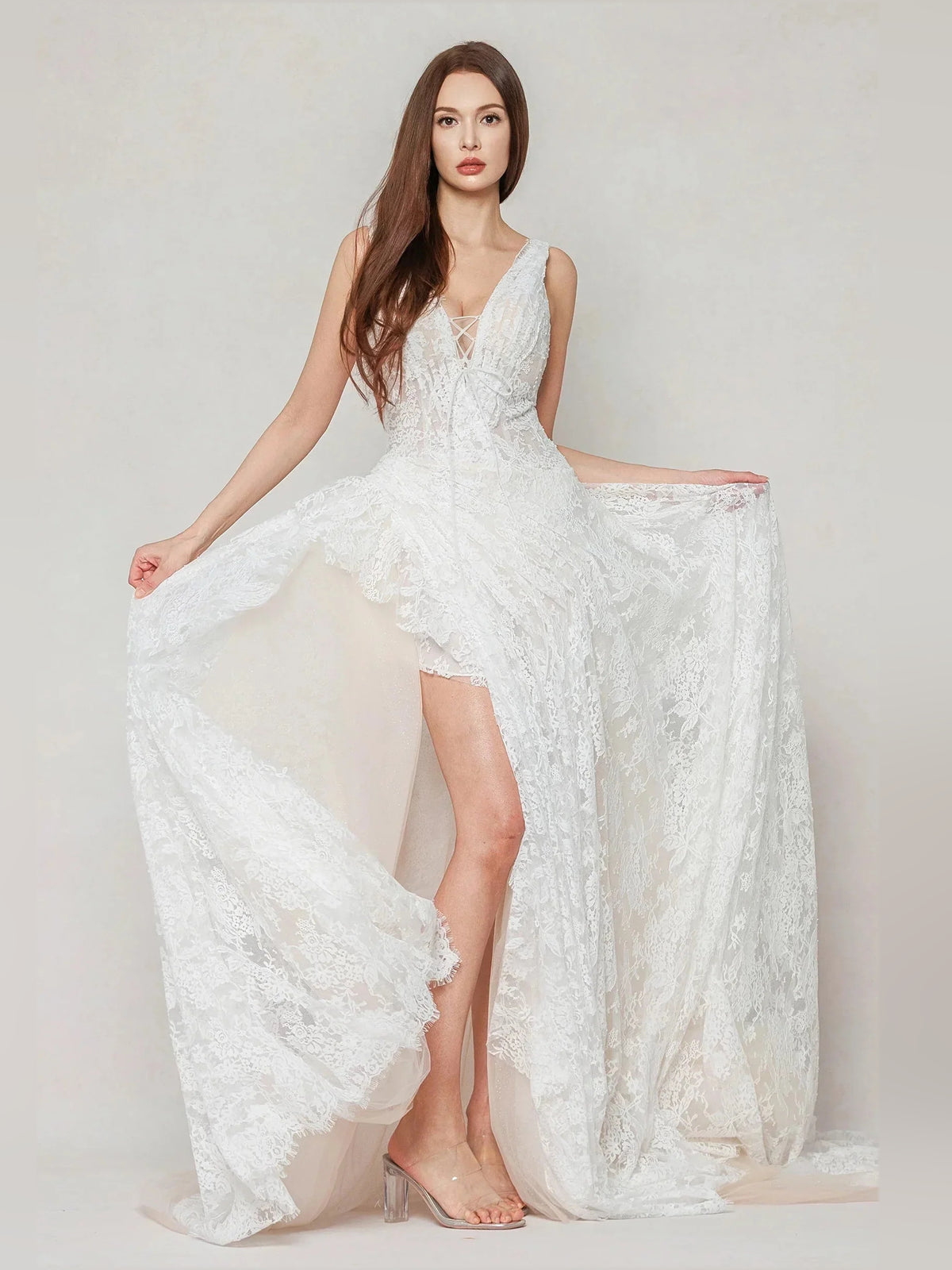 Ivory floor-length wedding dress, alternate view showing the skirt and hem