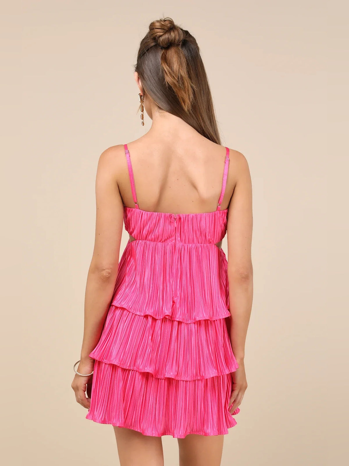Neon Green mini homecoming dress, alternate view showing the skirt and hem