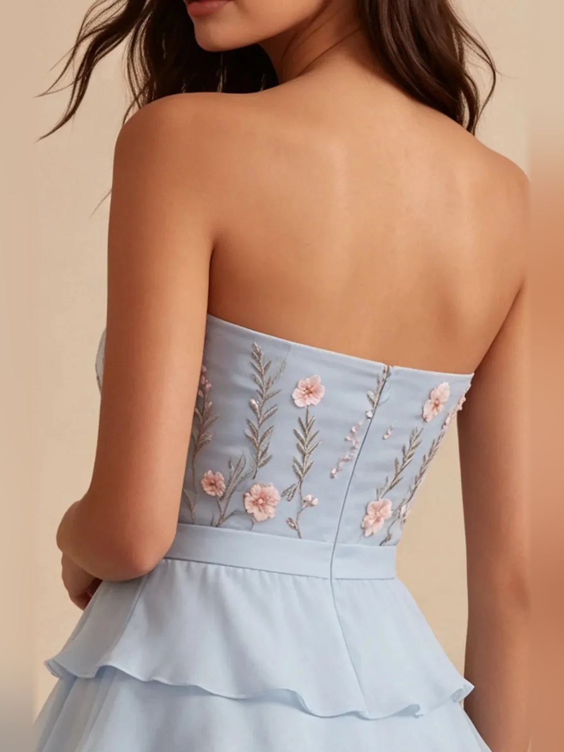 Sky Blue short homecoming dress, alternate view showing the skirt and hem