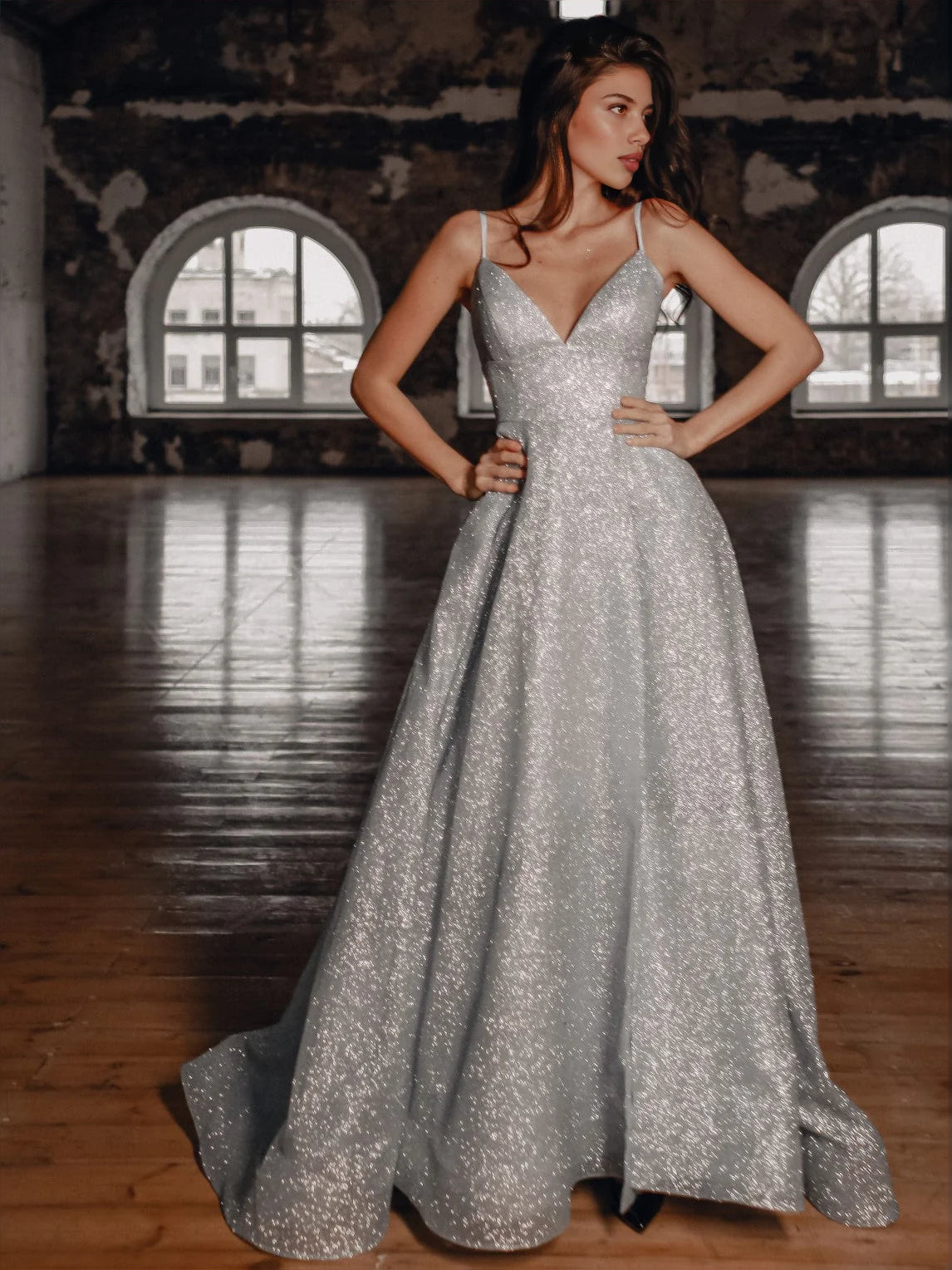 Silver floor-length prom dress, alternate view showing the skirt and hem