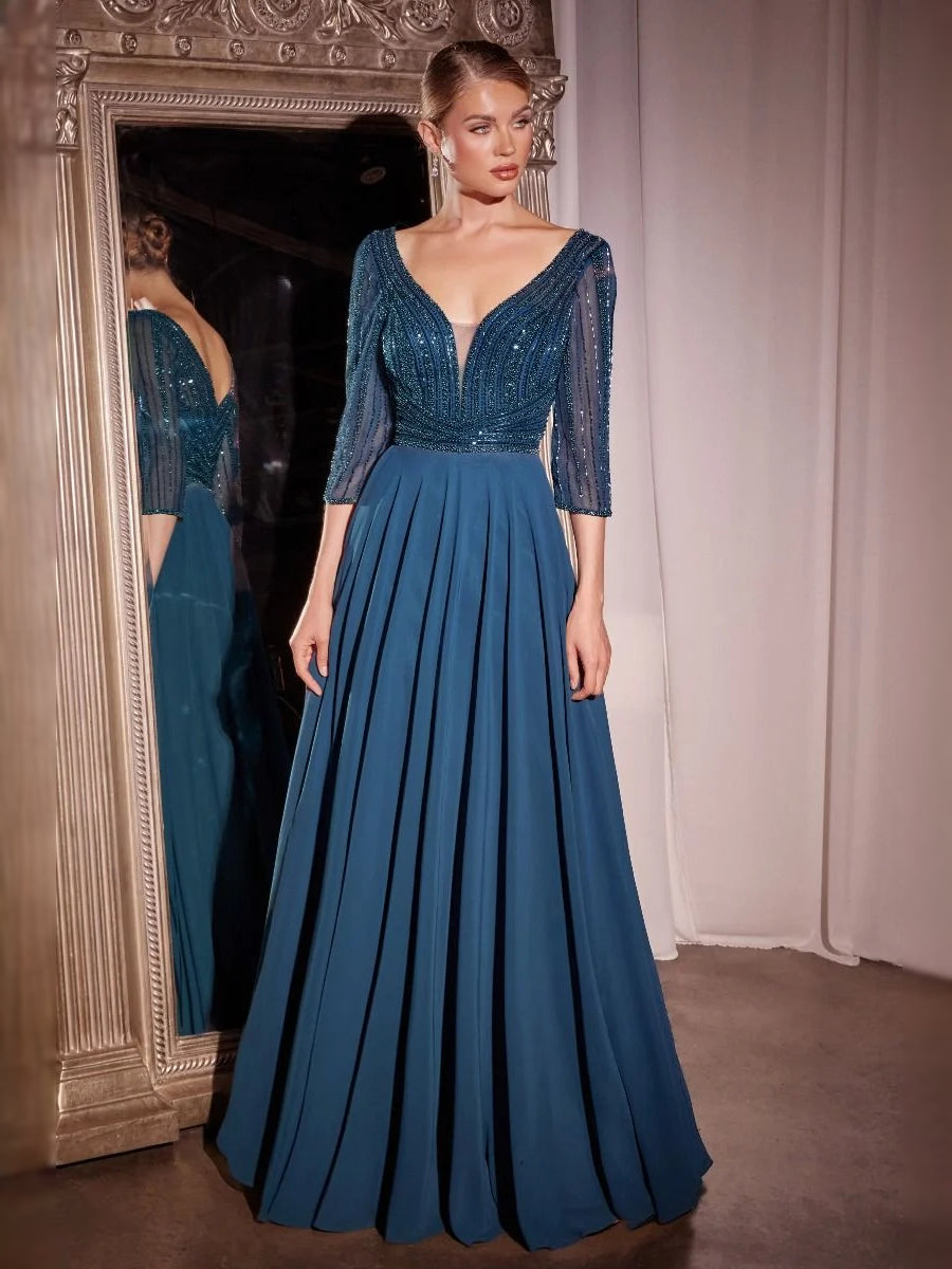 Peacock maxi prom dress, alternate view showing the skirt and hem