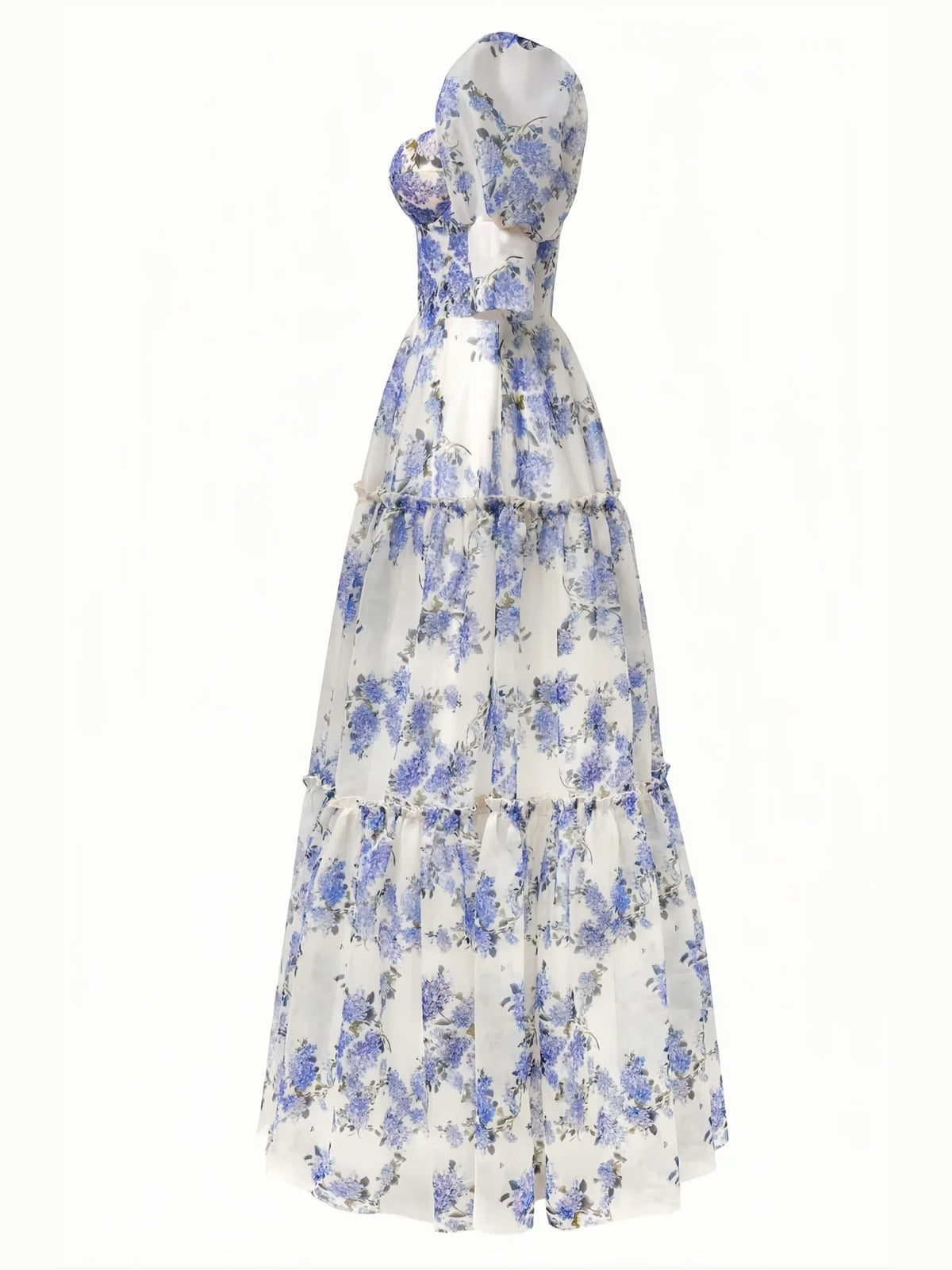 Lilac maxi prom dress, alternate view showing the skirt and hem