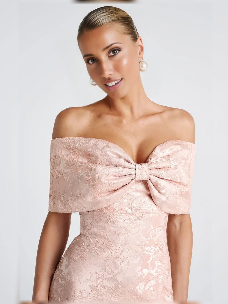 Peach mermaid floor-length formal dress with draping, alternate view showing the skirt