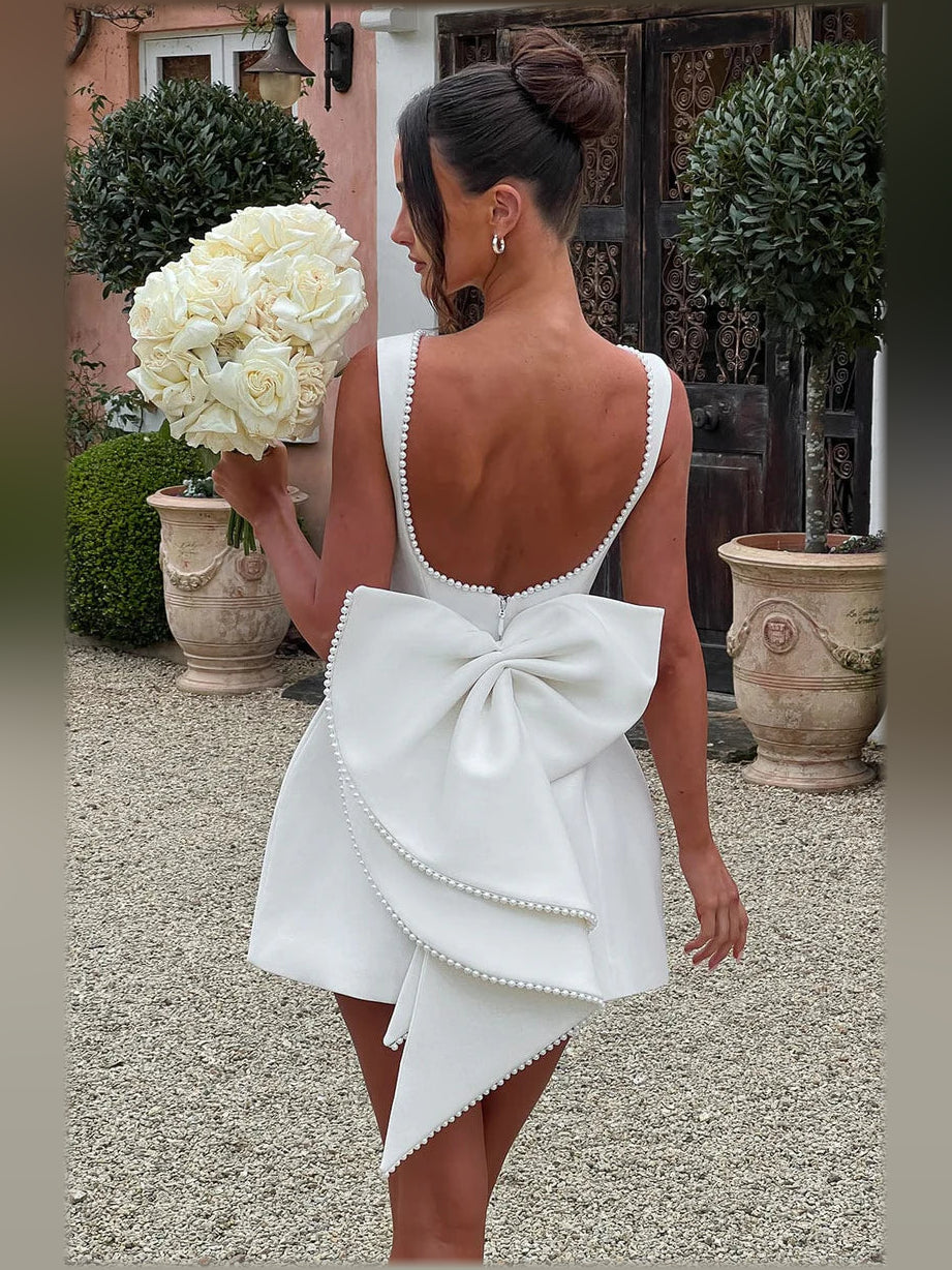 White a-line mini formal dress with skirt slit, alternate view