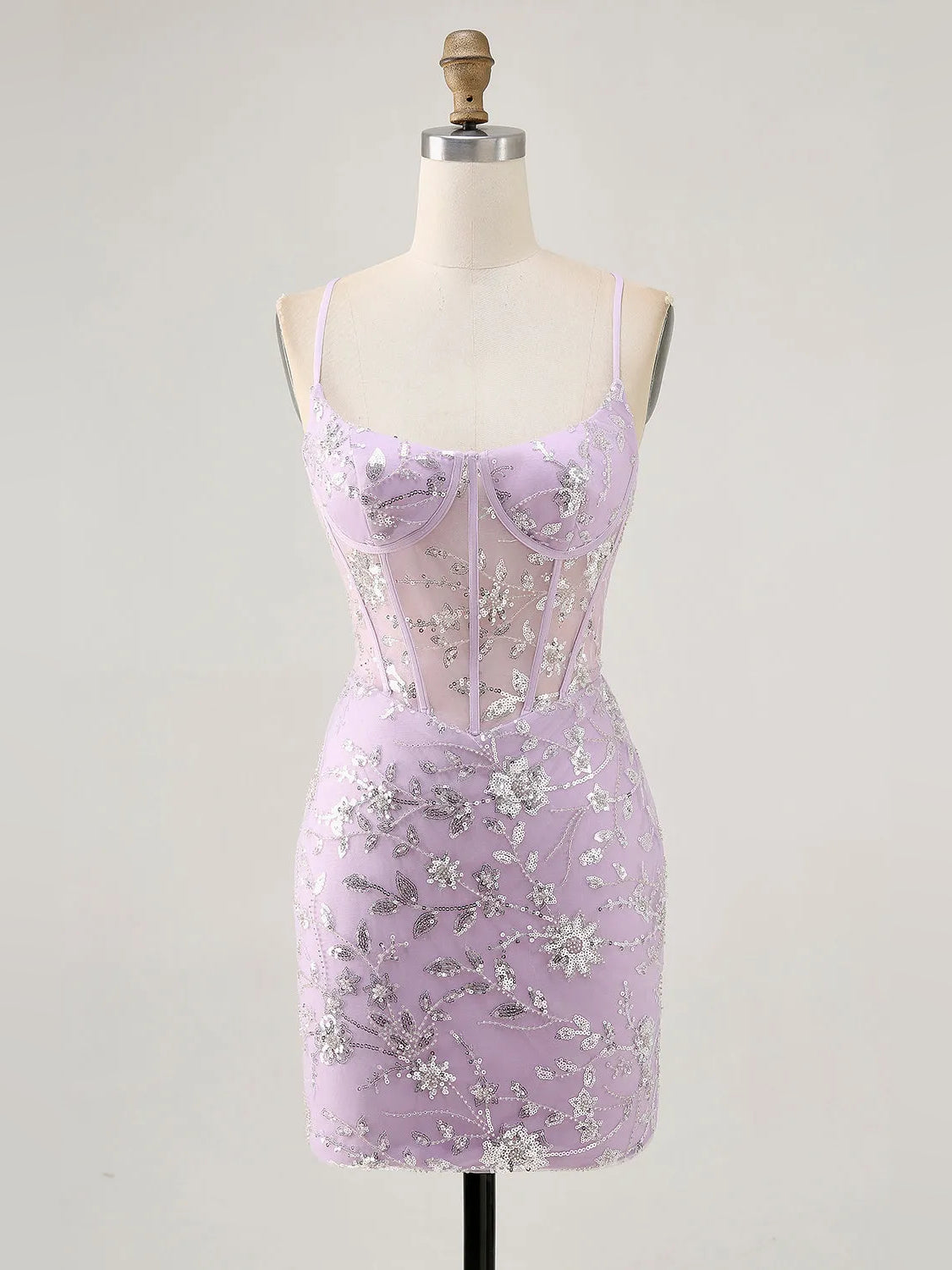 Lilac mini homecoming dress, alternate view showing the skirt and hem