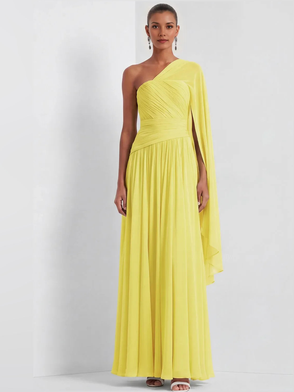 Yellow maxi bridesmaid dress, alternate view showing the skirt and hem
