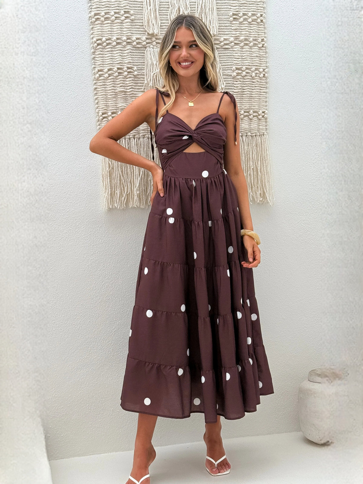 Chocolate midi formal dress with printed pattern, alternate view showing the skirt