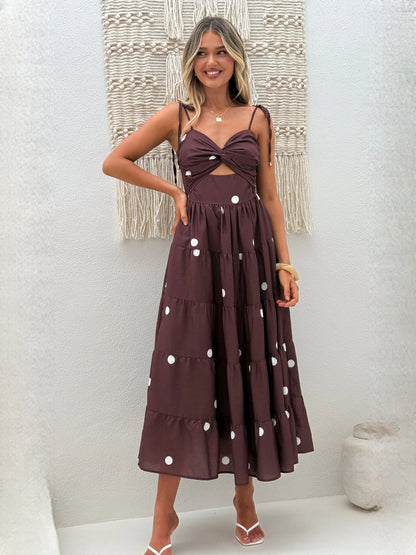 Chocolate midi formal dress with printed pattern, alternate view showing the skirt