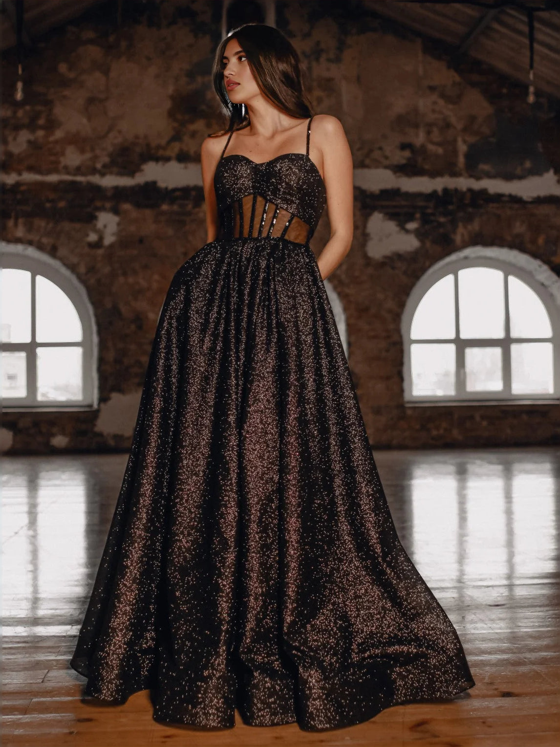 Black floor-length prom dress, alternate view showing the skirt and hem