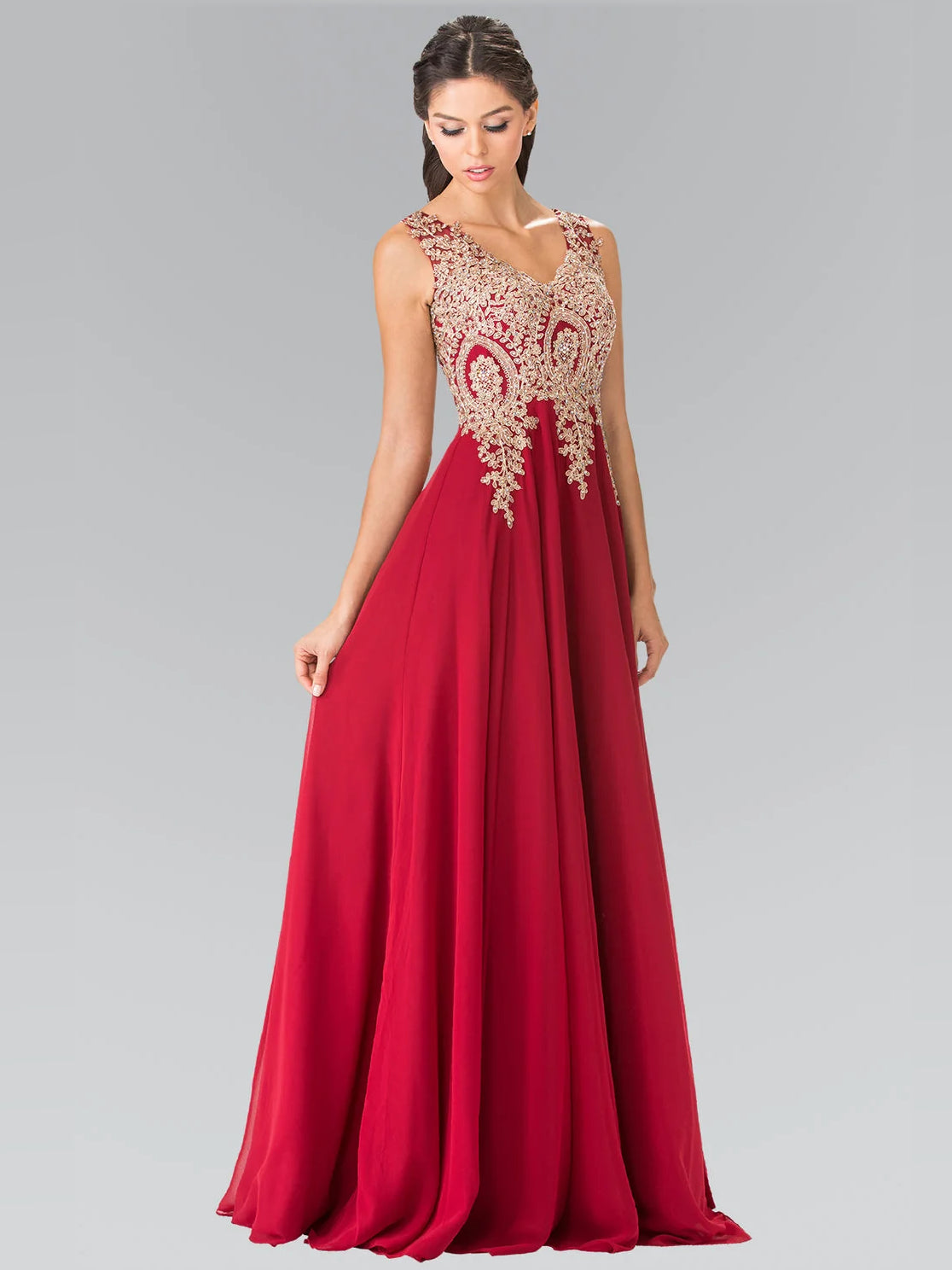 Burgundy floor-length prom dress, alternate view showing the skirt and hem