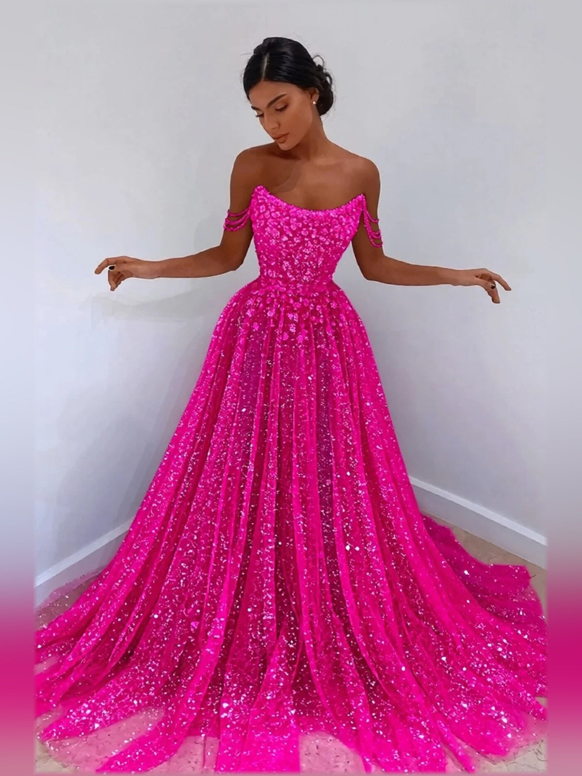 Hot Pink a-line floor-length formal dress with floral appliqué, alternate view