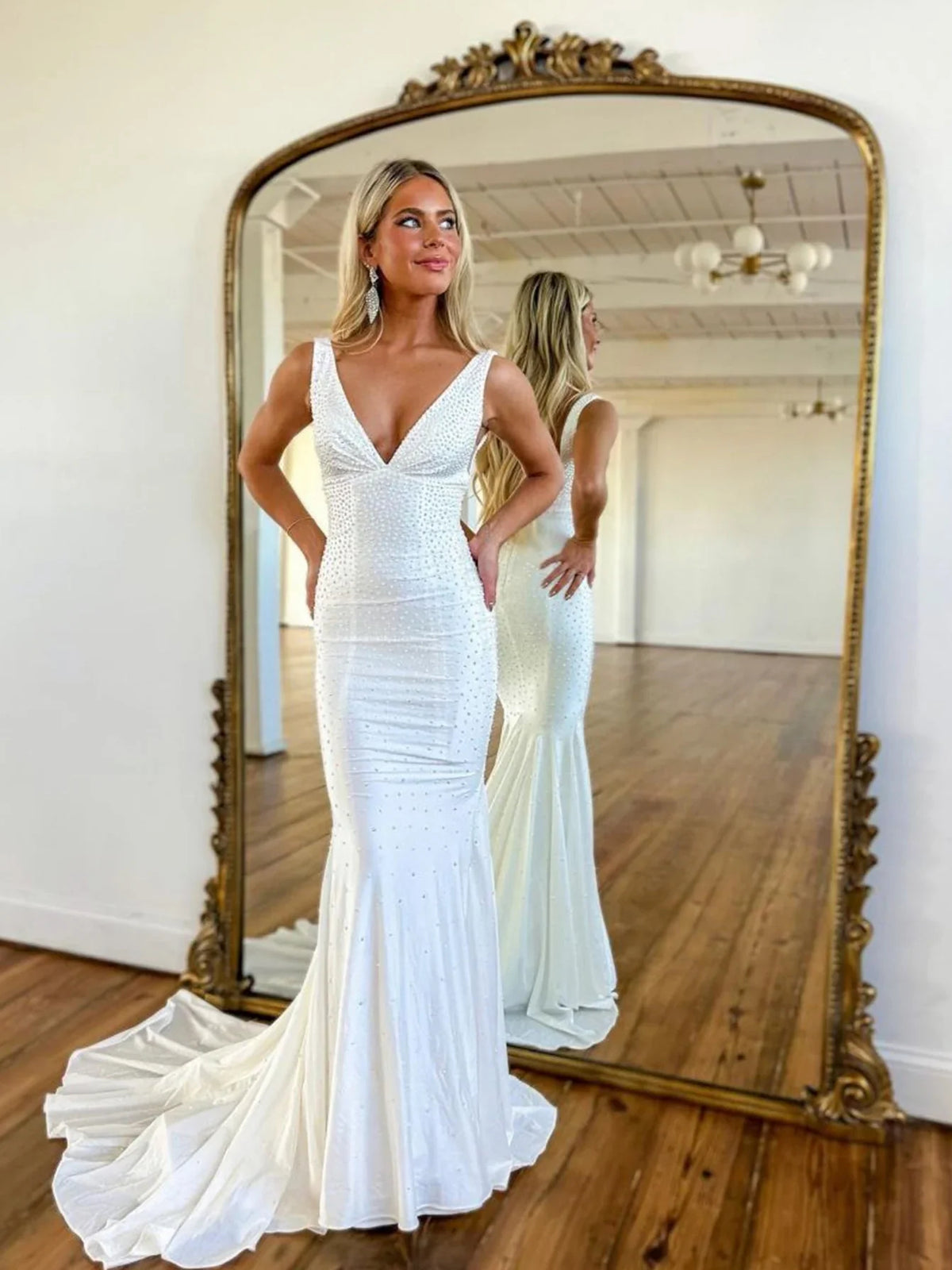 White mermaid maxi formal dress with beading, alternate view showing the skirt
