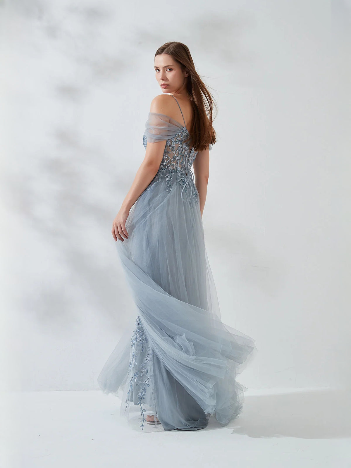 Light Gray floor-length prom dress, alternate view showing the skirt and hem