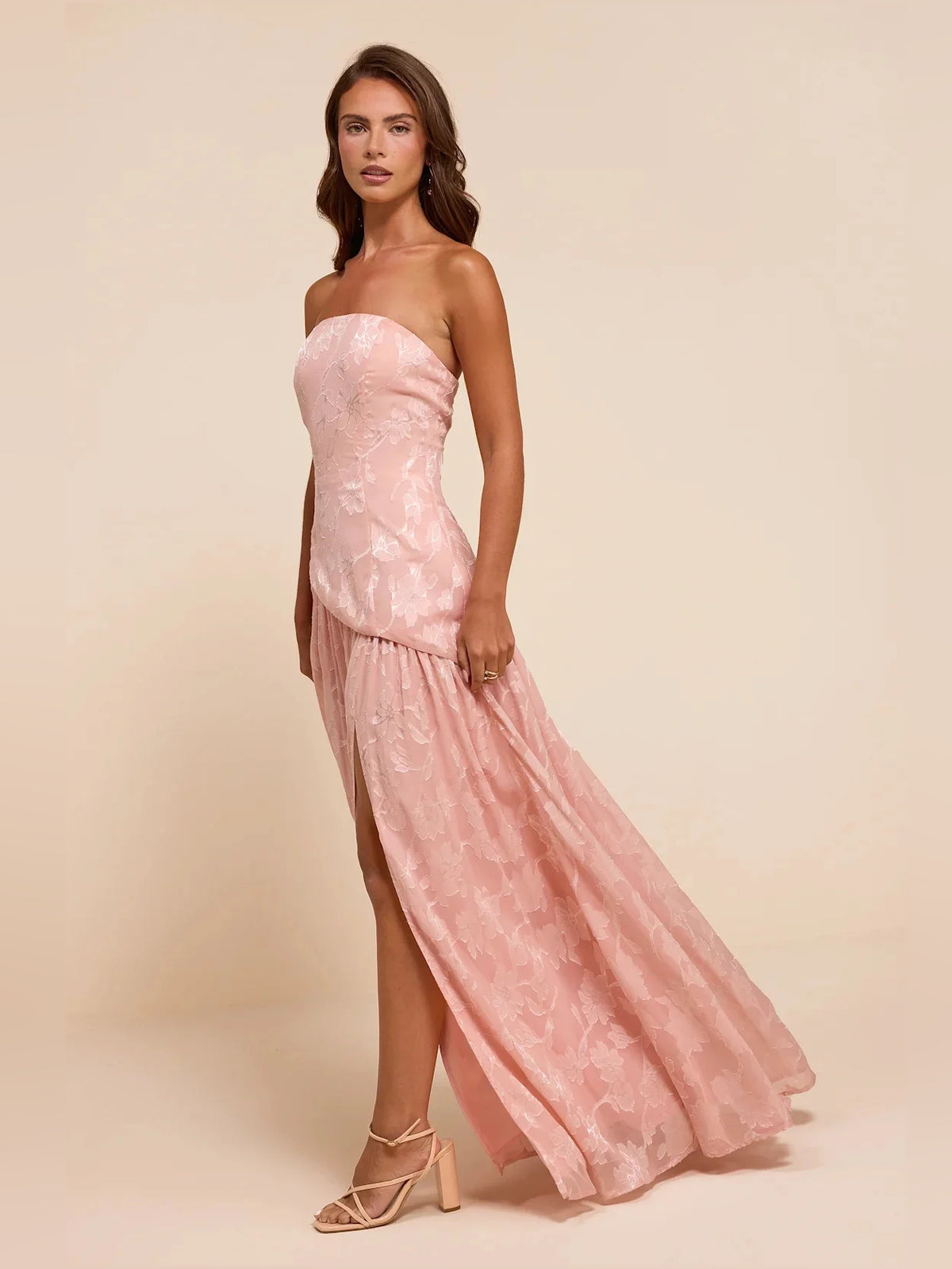 Dusty Pink maxi bridesmaid dress, alternate view showing the skirt and hem