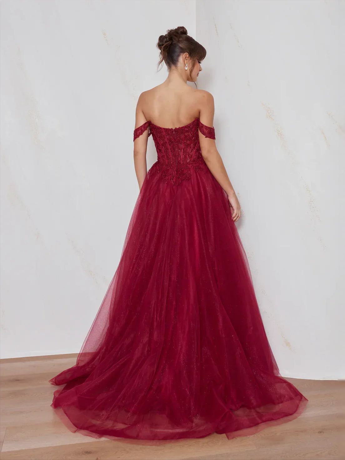 Fuchsia maxi prom dress, alternate view showing the skirt and hem