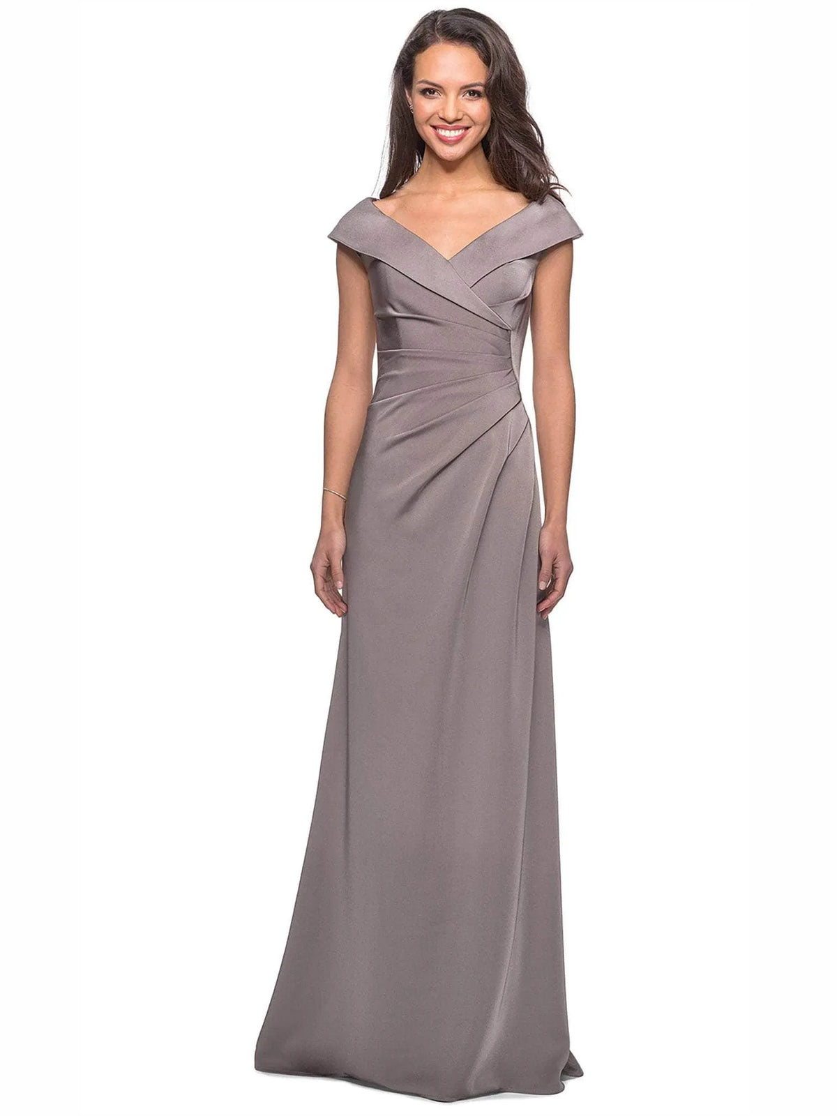 Taupe sheath floor-length formal dress with ruching, alternate view