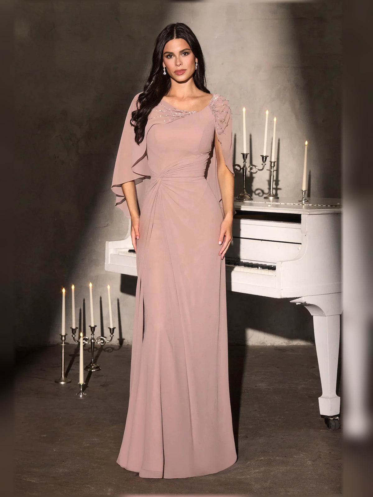 Dusty Rose floor-length mother of the bride dress, alternate view showing the skirt and hem