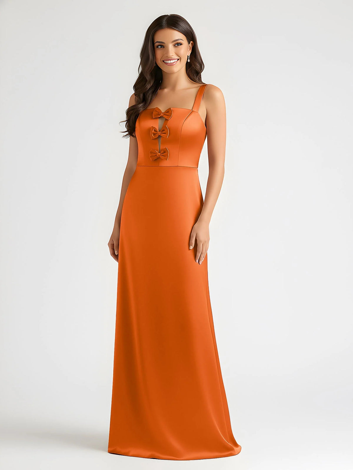 Orange maxi prom dress, alternate view showing the skirt and hem