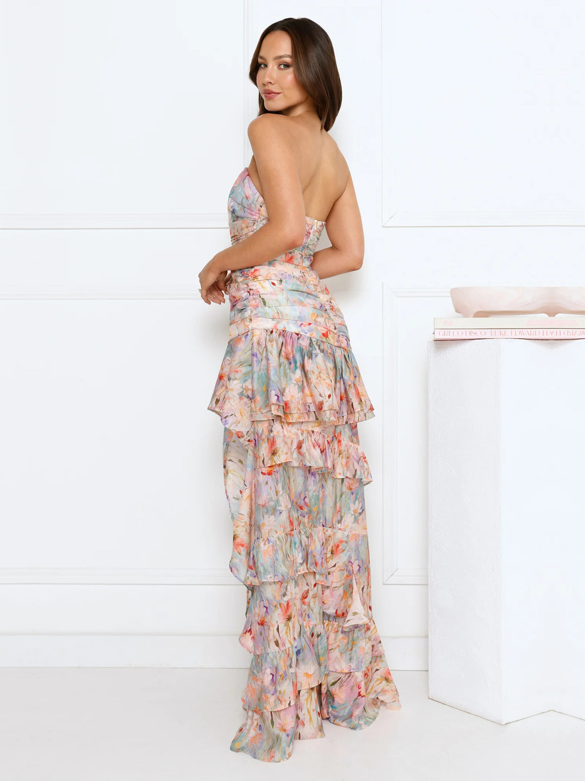 Print a-line maxi formal dress with floral print, alternate view showing the skirt