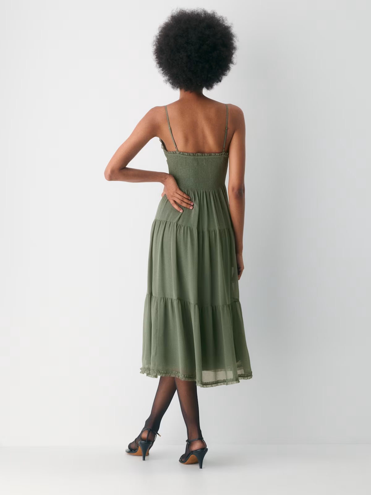 Gold midi formal dress with tiered skirt, alternate view showing the skirt