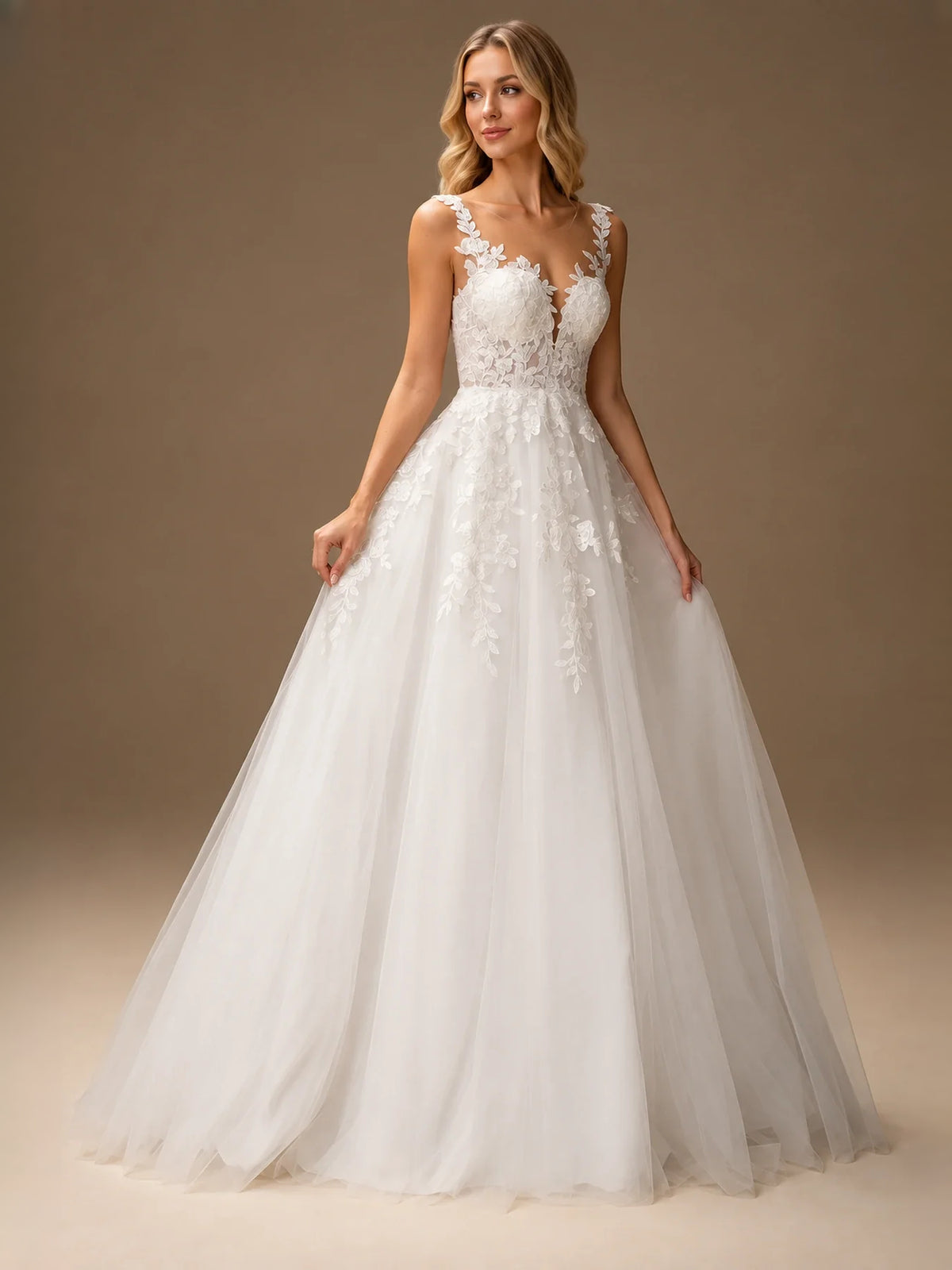 Ivory floor-length wedding dress, alternate view showing the skirt and hem