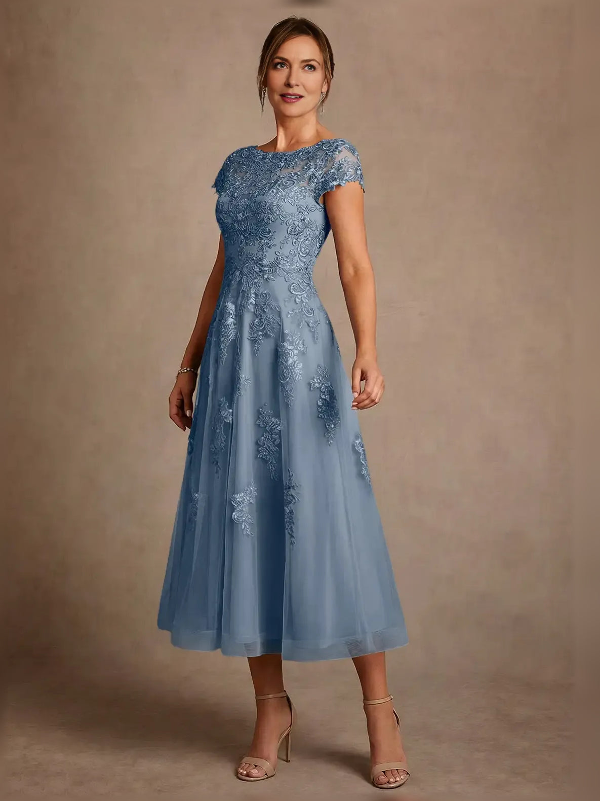 Slate Blue midi mother of the bride dress, alternate view showing the skirt and hem
