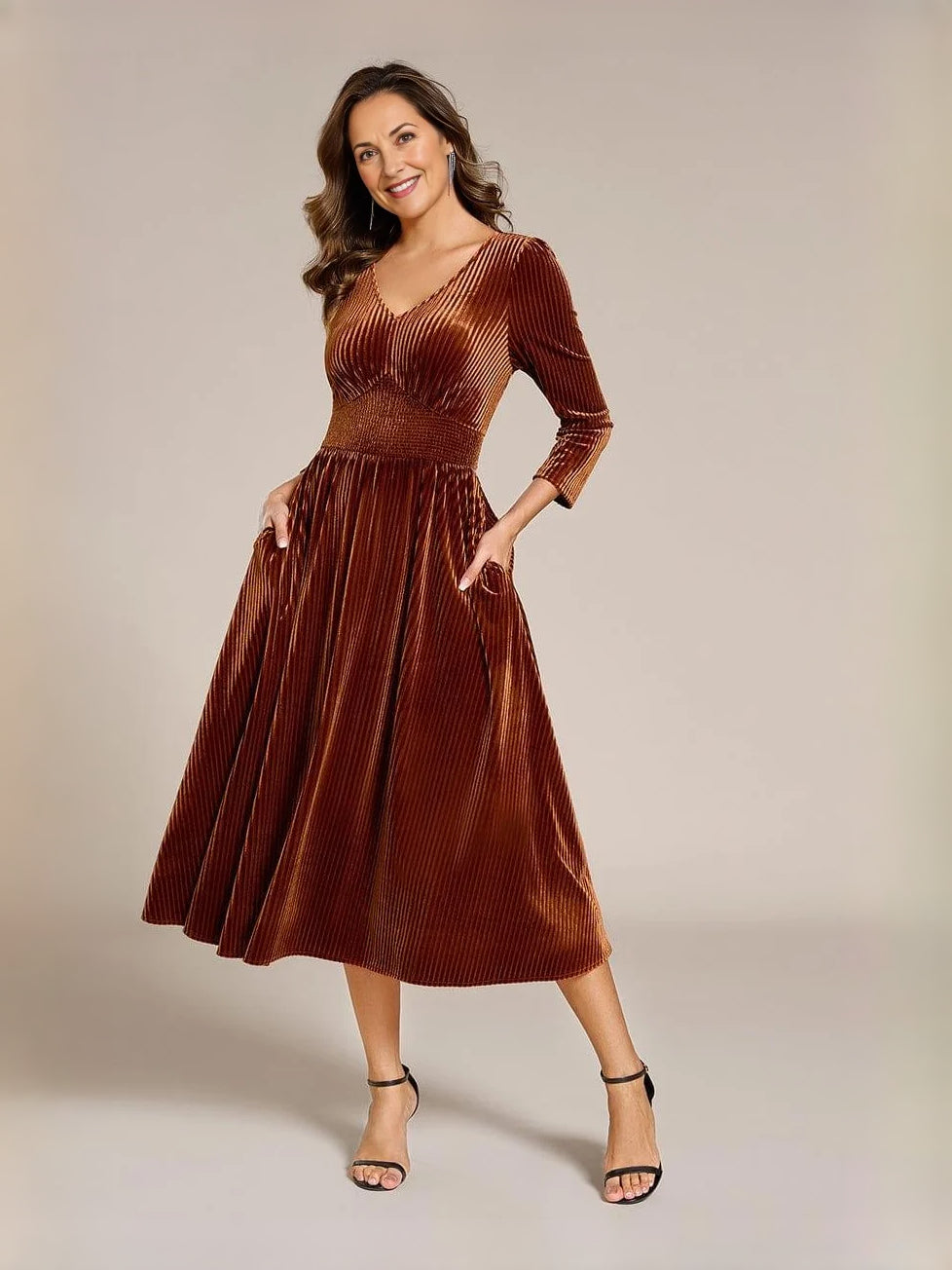 Burgundy midi mother of the bride dress, alternate view showing the skirt and hem