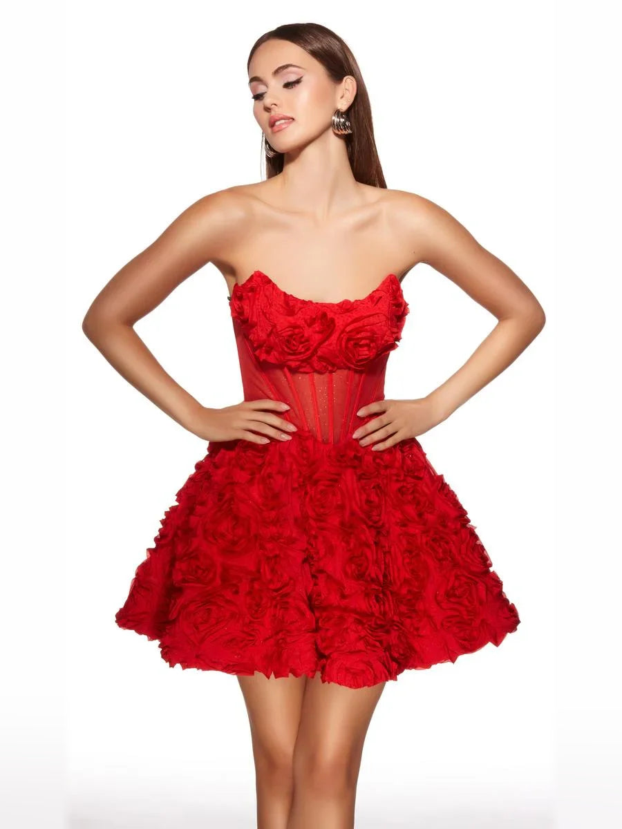 Red mini homecoming dress, alternate view showing the skirt and hem