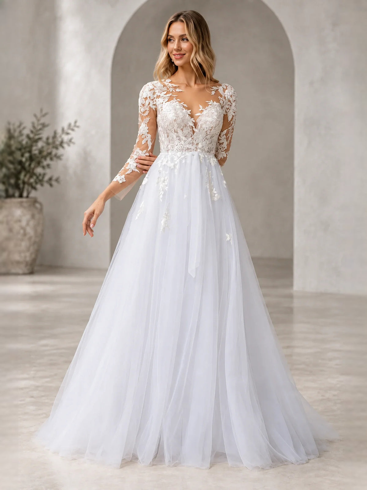 White floor-length wedding dress, alternate view showing the skirt and hem