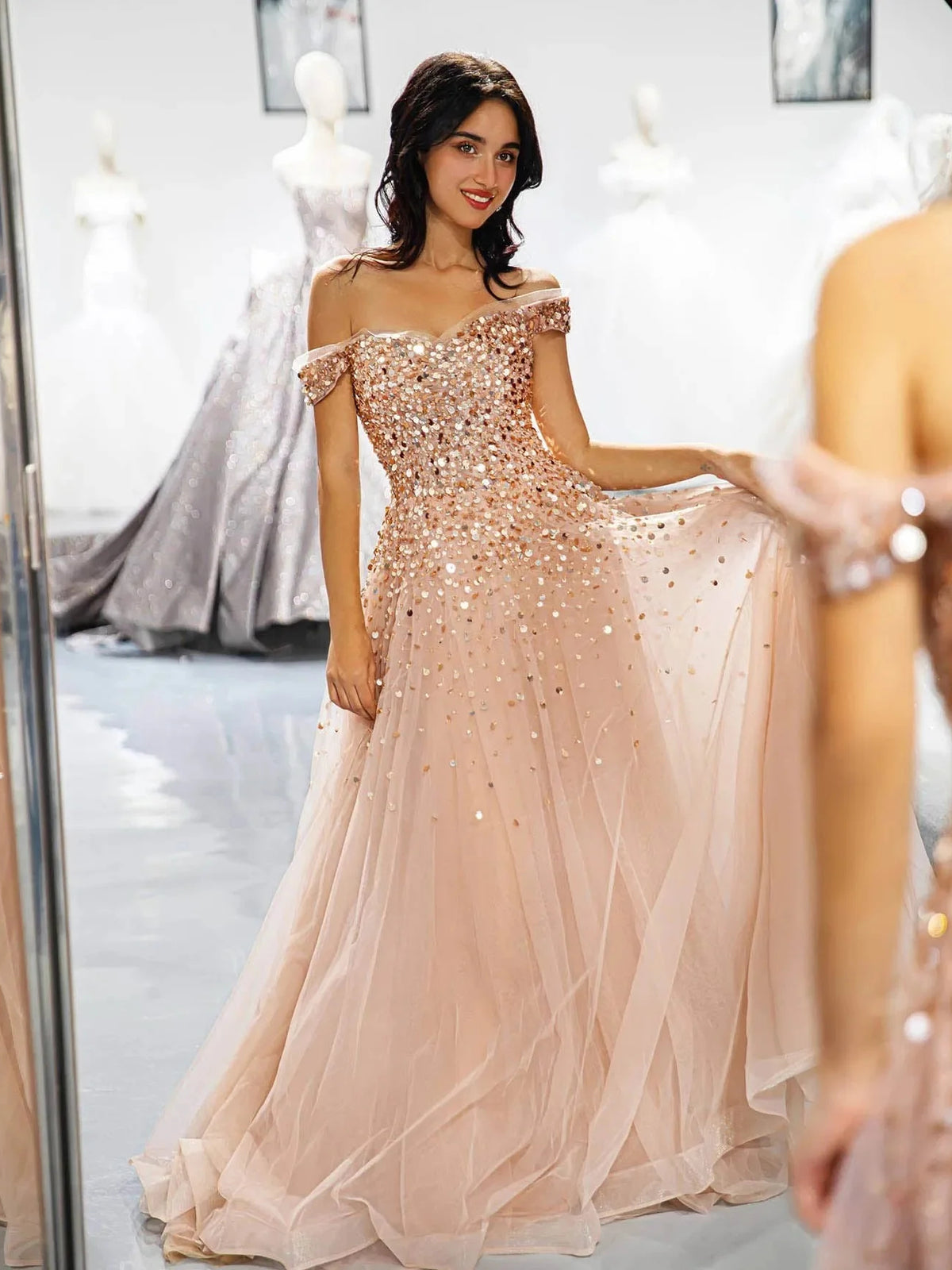 Champagne a-line floor-length formal dress with sequins, alternate view showing the skirt