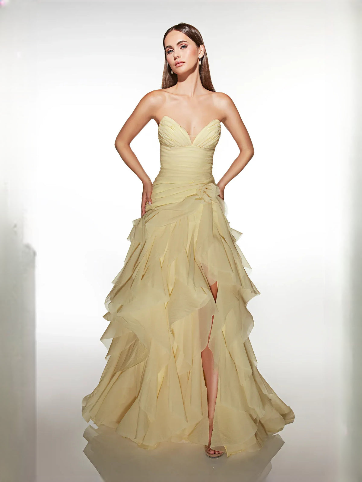 Pale Lemon high-low prom dress, alternate view showing the skirt and hem