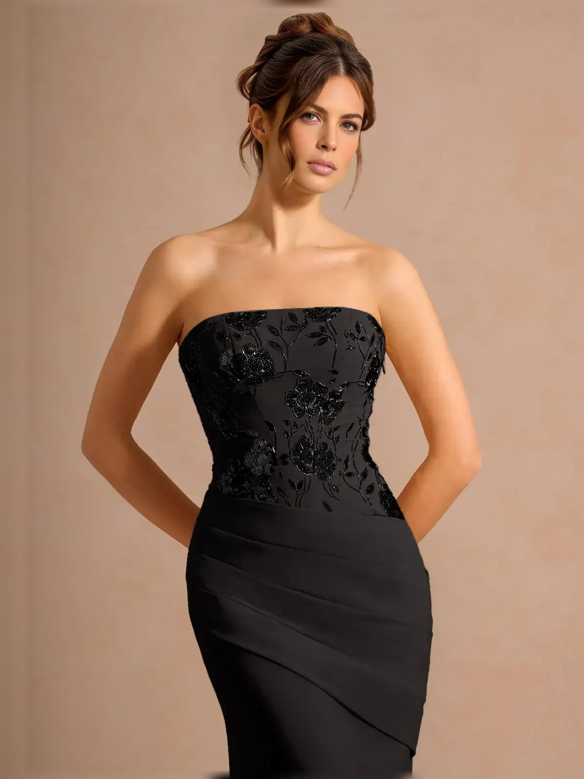Black sheath midi formal dress with skirt slit, alternate view showing the skirt