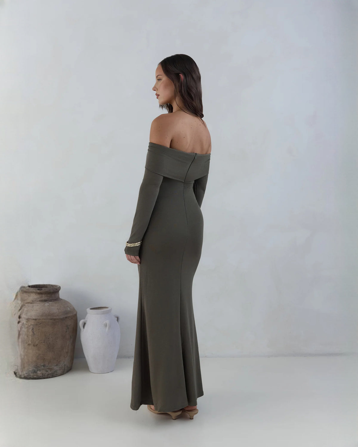 off-shoulder structured satin a-line maxi bridesmaid dress - image 5