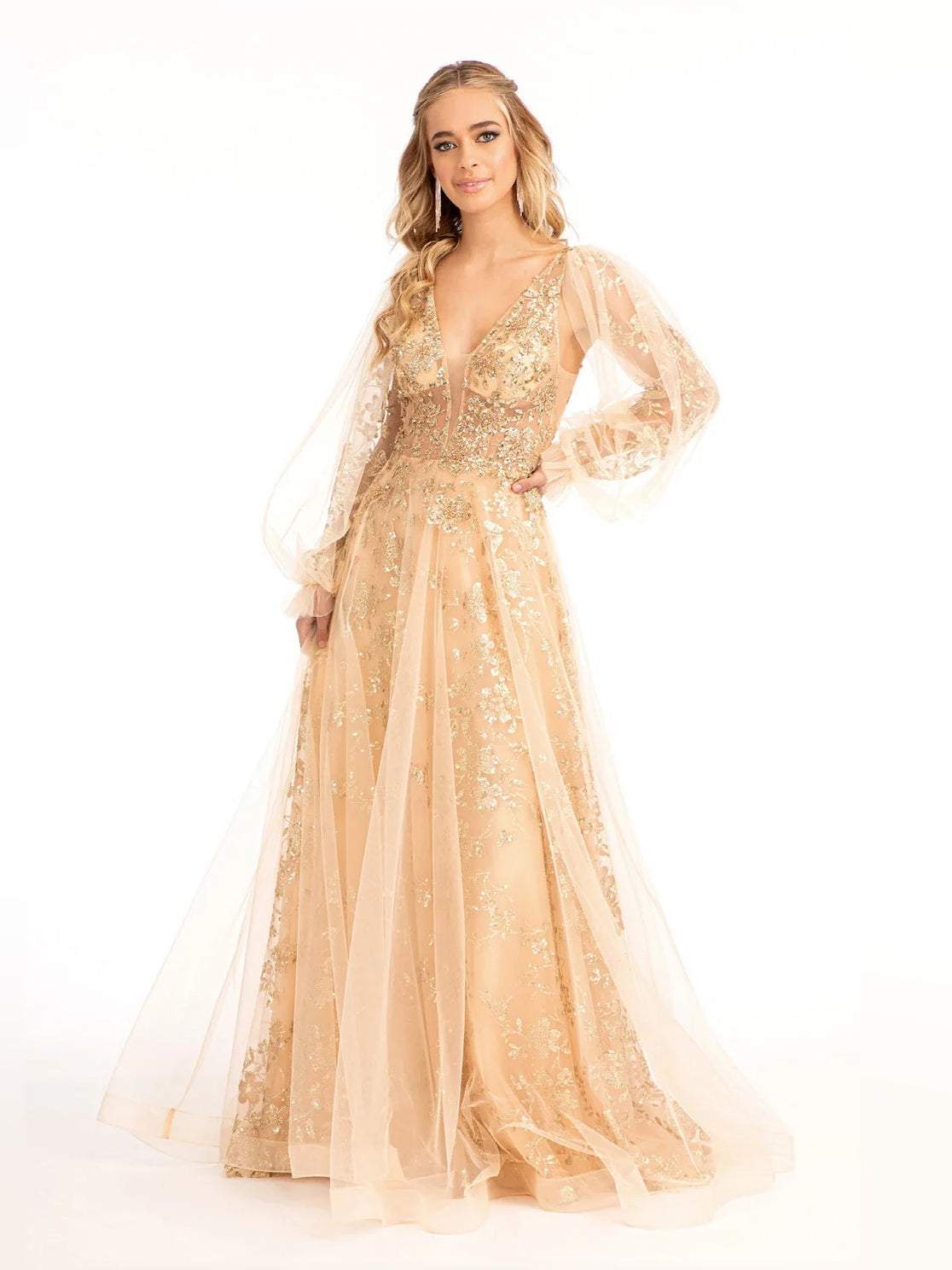 Champagne a-line floor-length formal dress with floral print, alternate view