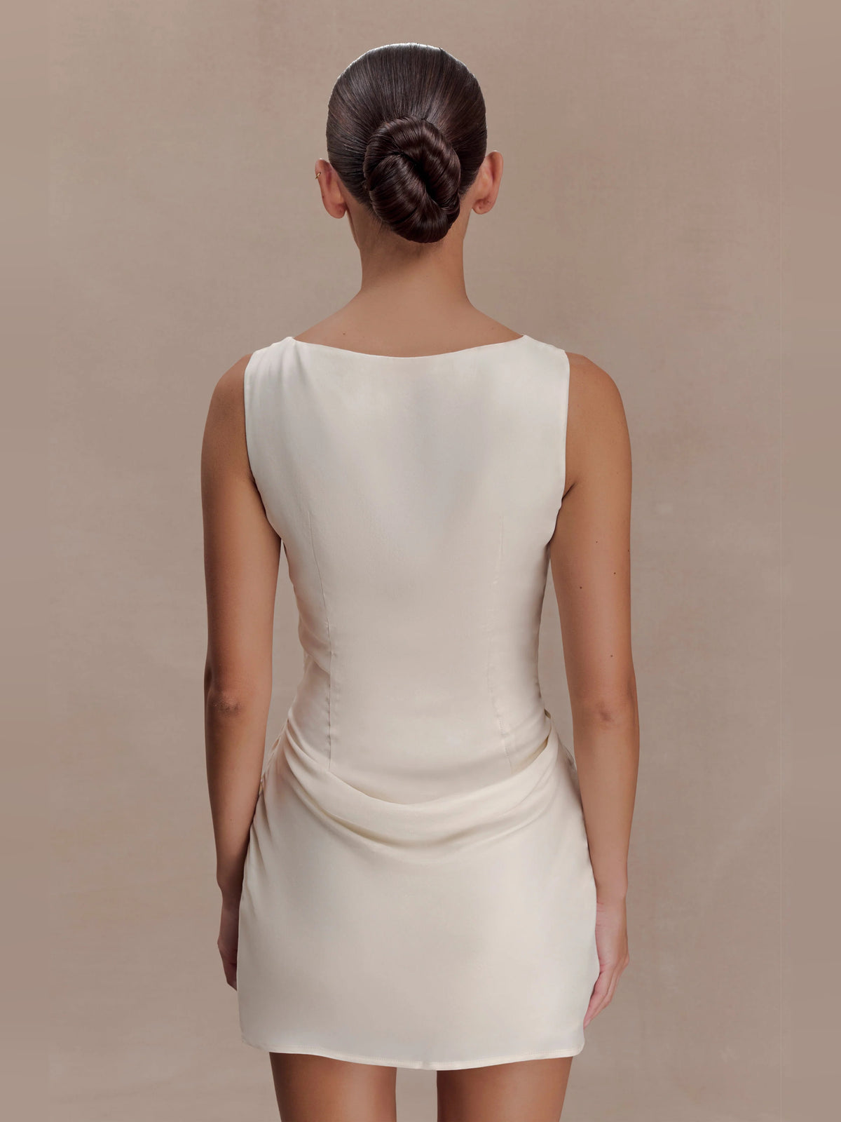 Ivory mini homecoming dress, alternate view showing the skirt and hem