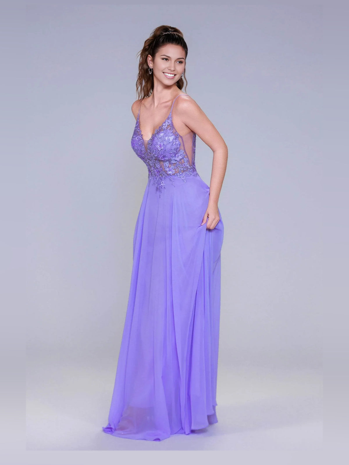 Periwinkle floor-length prom dress, alternate view showing the skirt and hem
