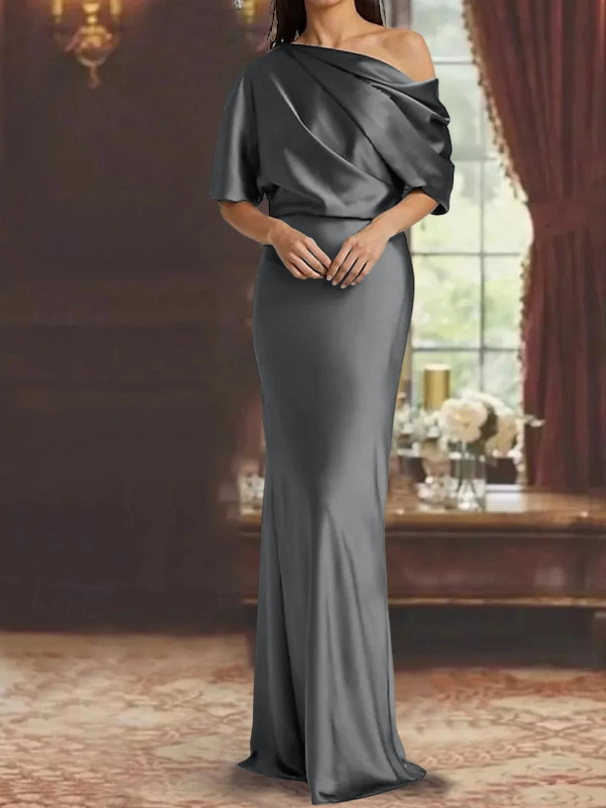 Grey floor-length mother of the bride dress, alternate view showing the skirt and hem