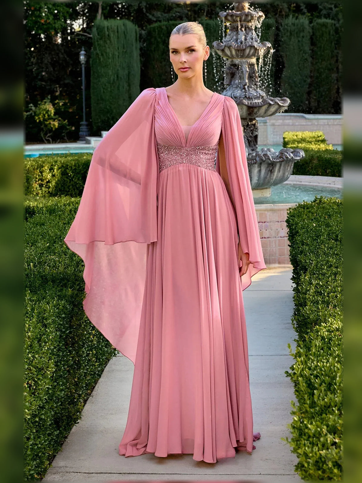 Dusty Pink floor-length mother of the bride dress, alternate view showing the skirt and hem